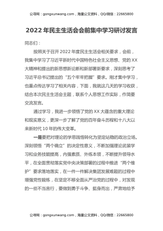 2022年民主生活会会前集中学习研讨发言 (2)