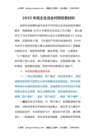 2022年民主生活会对照检查材料（乡镇党委书记）