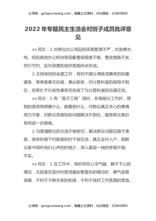 2022年民主生活会对班子成员批评意见