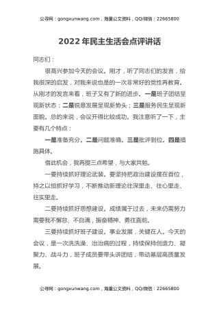2022年民主生活会点评讲话