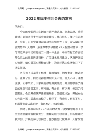 2022年民主生活会表态发言 (2)