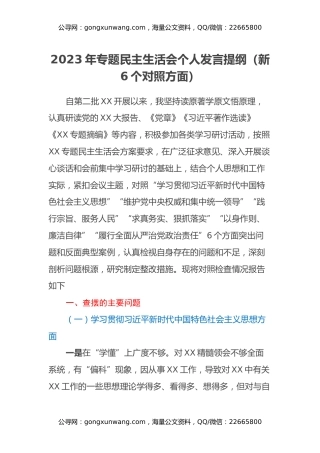 2023年专题民主生活会个人发言提纲（新6个对照方面）