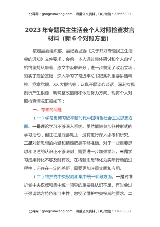 2023年专题民主生活会个人对照检查发言材料（新6个对照方面）