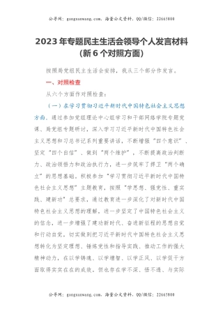 2023年专题民主生活会领导个人发言材料（新6个对照方面）