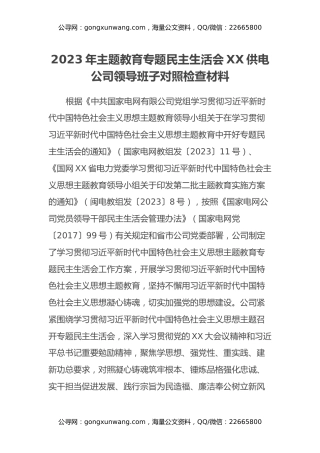 2023年主题教育专题民主生活会XX供电公司领导班子对照检查材料（新六个方面、典型案例剖析）