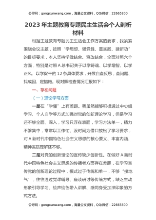 2023年主题教育专题民主生活会个人剖析材料