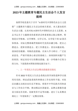 2023年主题教育专题民主生活会个人发言提纲