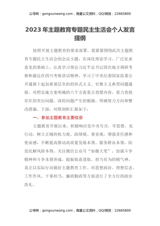 2023年主题教育专题民主生活会个人发言提纲（收获体会、六个方面）