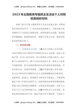 2023年主题教育专题民主生活会个人对照检查剖析材料（六个方面）
