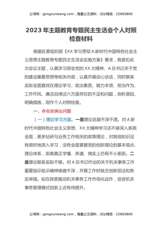 2023年主题教育专题民主生活会个人对照检查材料