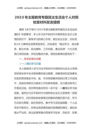 2023年主题教育专题民主生活会个人对照检查材料发言提纲（2）