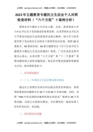 2023年主题教育专题民主生活会个人对照检查材料（“六个方面”＋案例分析）