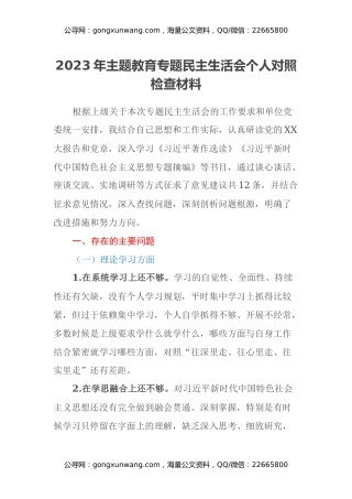 2023年主题教育专题民主生活会个人对照检查材料（七个方面）