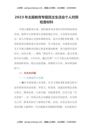 2023年主题教育专题民主生活会个人对照检查材料（六个方面）
