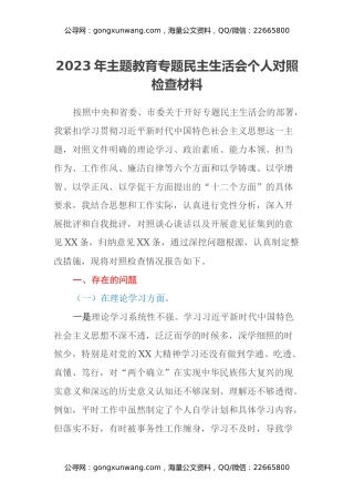 2023年主题教育专题民主生活会个人对照检查材料（六个方面） (2)