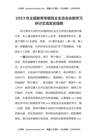 2023年主题教育专题民主生活会会前学习研讨交流发言提纲