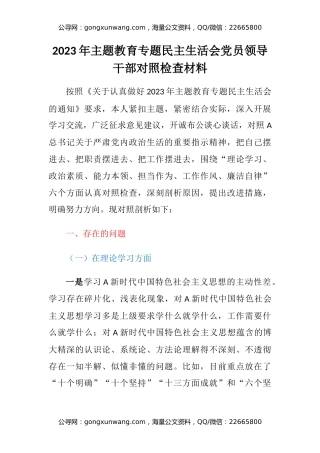 2023年主题教育专题民主生活会党员领导干部对照检查材料