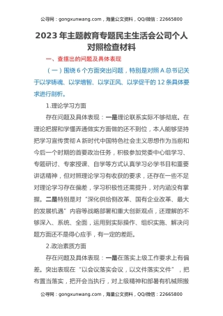 2023年主题教育专题民主生活会公司个人对照检查材料