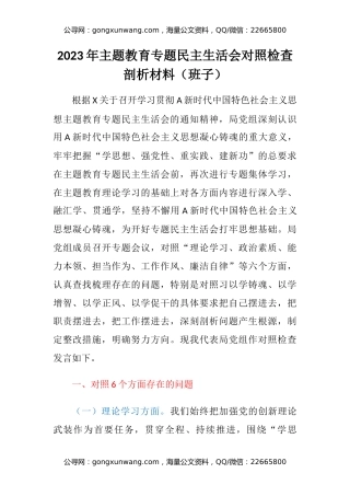 2023年主题教育专题民主生活会六个方面对照检查剖析材料（班子）