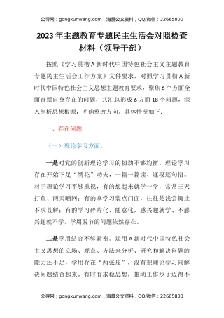 2023年主题教育专题民主生活会六个方面对照检查材料（领导干部）