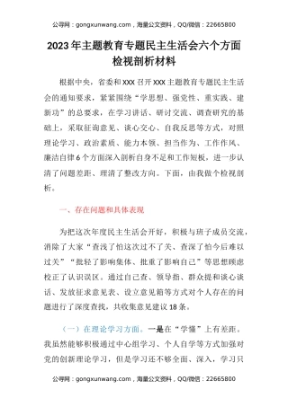2023年主题教育专题民主生活会六个方面检视剖析材料