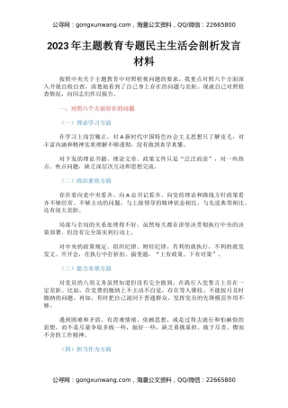 2023年主题教育专题民主生活会剖析发言材料（2）