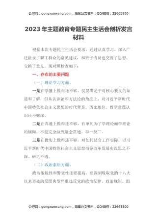 2023年主题教育专题民主生活会剖析发言材料（六个方面）