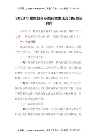 2023年主题教育专题民主生活会剖析发言材料（六个方面）2