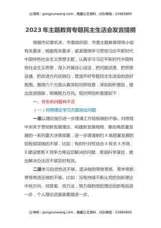 2023年主题教育专题民主生活会发言提纲