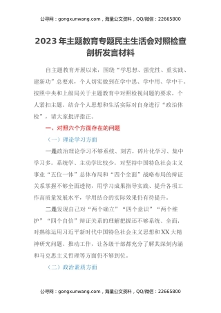 2023年主题教育专题民主生活会对照检查剖析发言材料（六个方面）