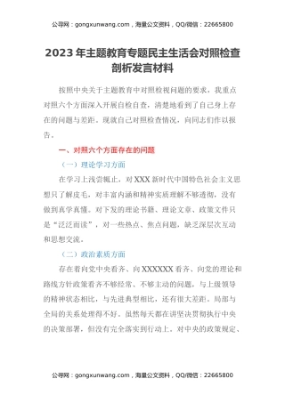 2023年主题教育专题民主生活会对照检查剖析发言材料（六个方面） (2)