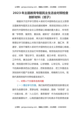 2023年主题教育专题民主生活会对照检查剖析材料（班子）