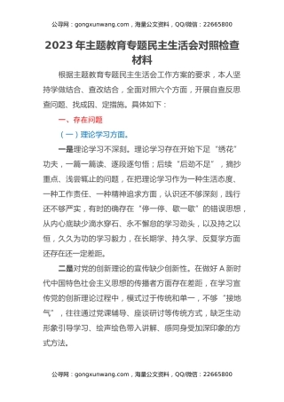 2023年主题教育专题民主生活会对照检查材料