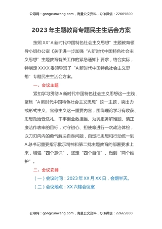 2023年主题教育专题民主生活会方案