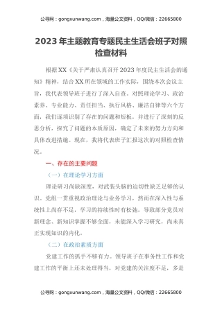 2023年主题教育专题民主生活会班子对照检查材料 (3)