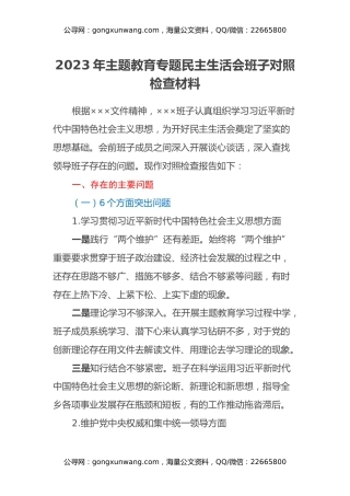 2023年主题教育专题民主生活会班子对照检查材料（5）