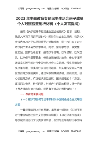 2023年主题教育专题民主生活会班子成员个人对照检查剖析材料（个人发言提纲）（新六个方面第二批）