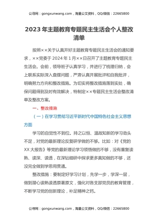 2023年主题教育专题民主生活会领导个人整改清单