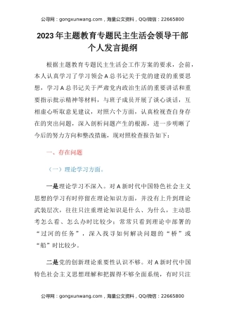 2023年主题教育专题民主生活会领导干部个人六个方面发言提纲