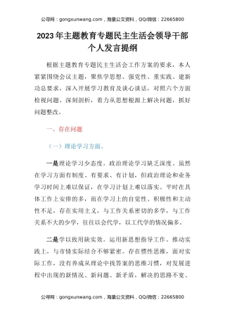 2023年主题教育专题民主生活会领导干部个人发言提纲（对照六个方面）