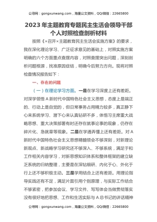 2023年主题教育专题民主生活会领导干部个人对照检查剖析材料