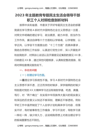 2023年主题教育专题民主生活会领导干部职工个人对照检查剖析材料