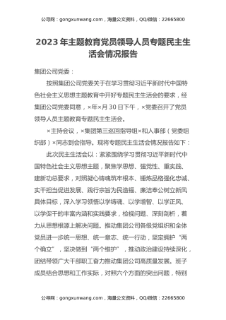 2023年主题教育党员领导人员专题民主生活会情况报告