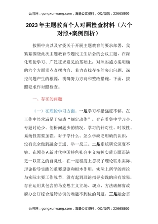 2023年主题教育民主生活会个人对照检查材料（六个对照+案例剖析）
