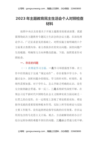 2023年主题教育民主生活会个人对照检查材料（六个方面）