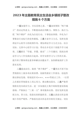 2023年主题教育民主生活会乡镇班子整改措施6个方面