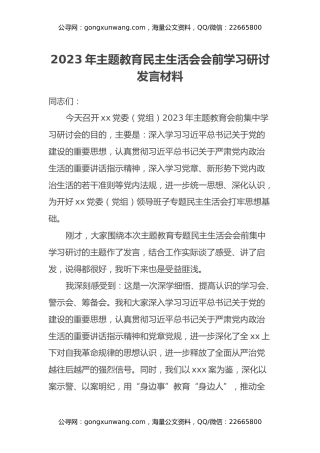2023年主题教育民主生活会会前学习研讨发言材料