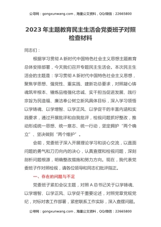 2023年主题教育民主生活会党委班子对照检查材料