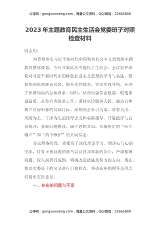 2023年主题教育民主生活会党委班子对照检查材料（2）