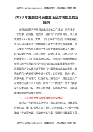 2023年主题教育民主生活会对照检查发言提纲（上年度整改落实情况、新六个方面）